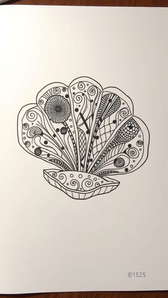 Intricate clam zentangle art with patterns in black ink on white paper against a blue background.